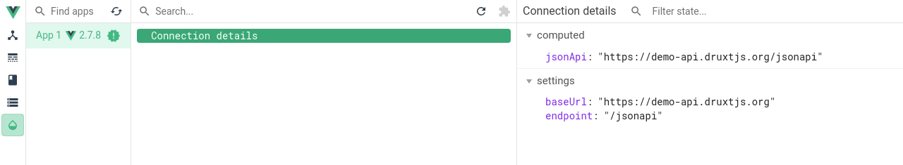 The DruxtJS inspector's Connection details node, showing the configured baseUrl and endpoint and the computed JSON:API address